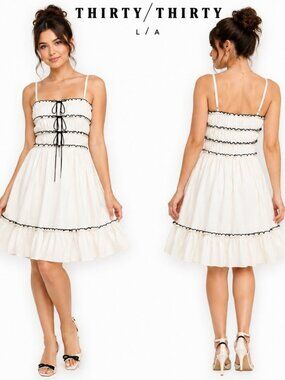 Thirty Thirty LA White Smocked Mini Dress Black Ruffle Trim Ties Small 6FCRY035